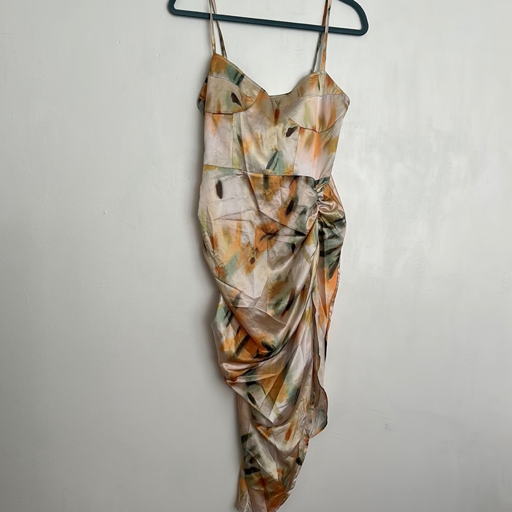 CBR Abstract Print Spaghetti Strap High Slit Ruched Dress